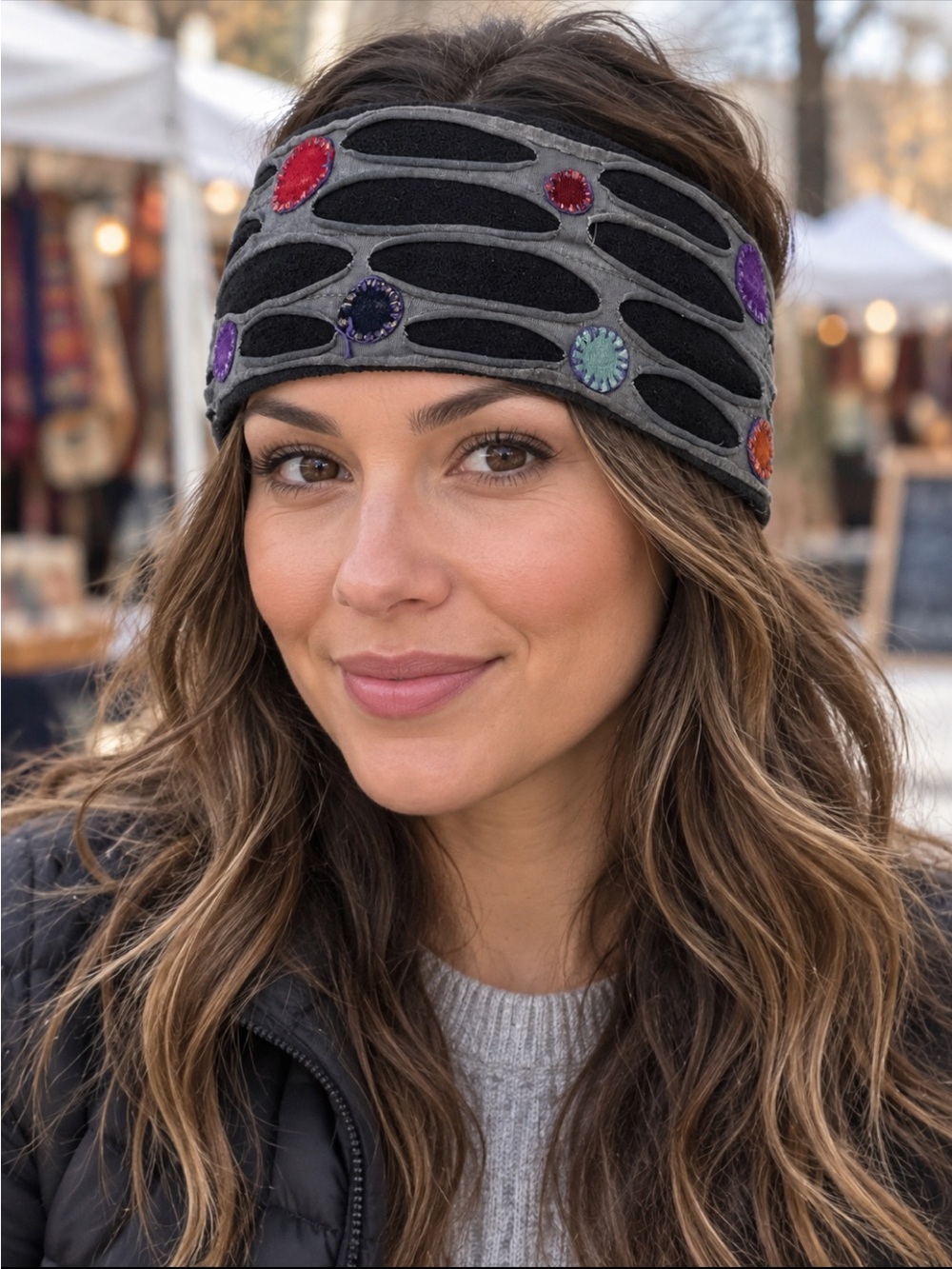 Rising Tide Gray Cutout Headband with Multicolor Embellishments